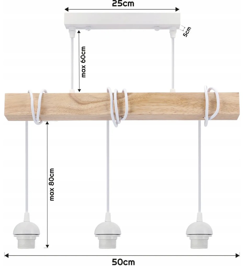 BERGE LED závesné stropné svietidlo, drevené, biele, 3xE27, loft pružina