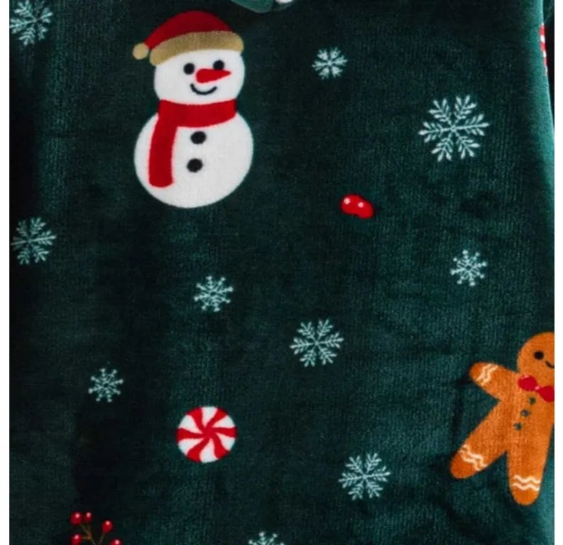 Baránková mikinová deka s rukávmi a kapucňou SNOWMAN AND GINGERBREAD, zelená