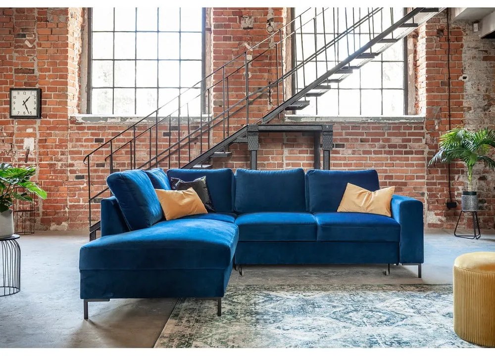 Tmavomodrá zamatová rozkladacia rohová pohovka (ľavý roh) Lofty Lilly – Miuform