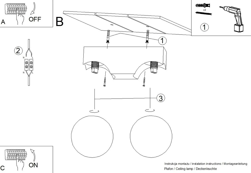 Stropné svietidlo Bulbo, 2x biele sklenené tienidlo, drevo