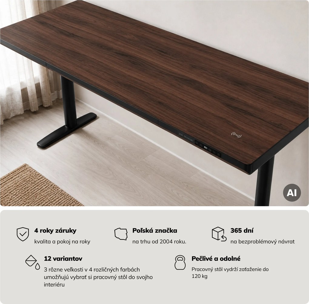 Elektrický písací stôl sit-stand so zásuvkou a bezdrôtovou nabíjačkou Qi čierny/orech, 1600 mm: ELLIS