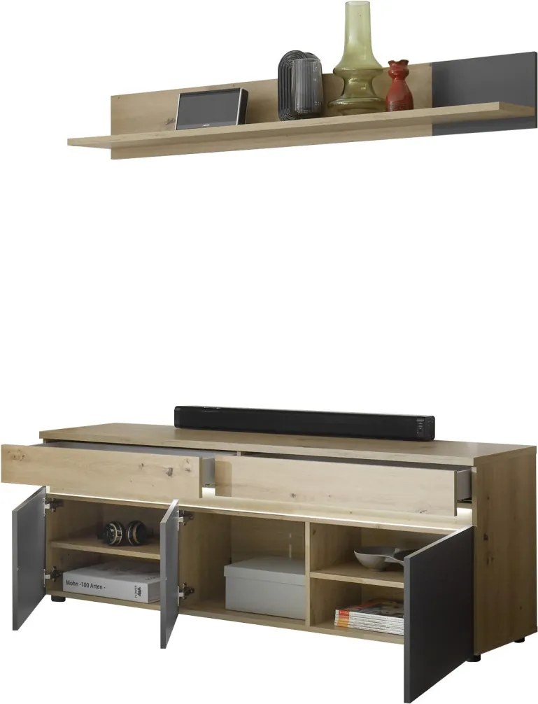 TV skříňka s policí Lille, dub artisan/antracit, s osvětlením