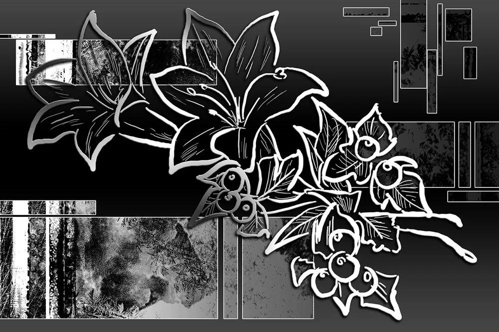 Samolepiaca tapeta čiernobiela kvetinová ilustrácia - 150x100
