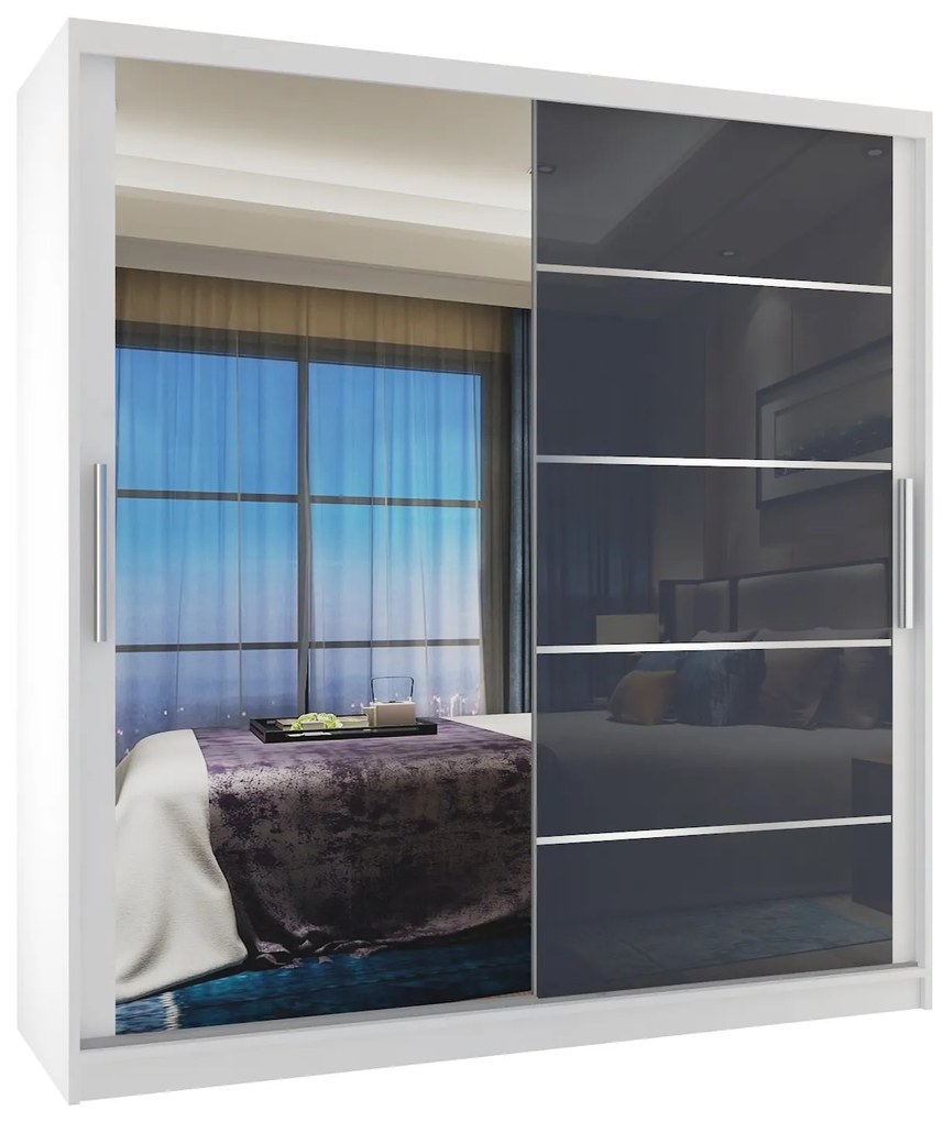 Šatníková skriňa 158 cm Belini biely mat / šedý lesk s posuvnými dverami zrkadlom a zásuvkami MGB SZP7/0/W/1L5S/KLAL