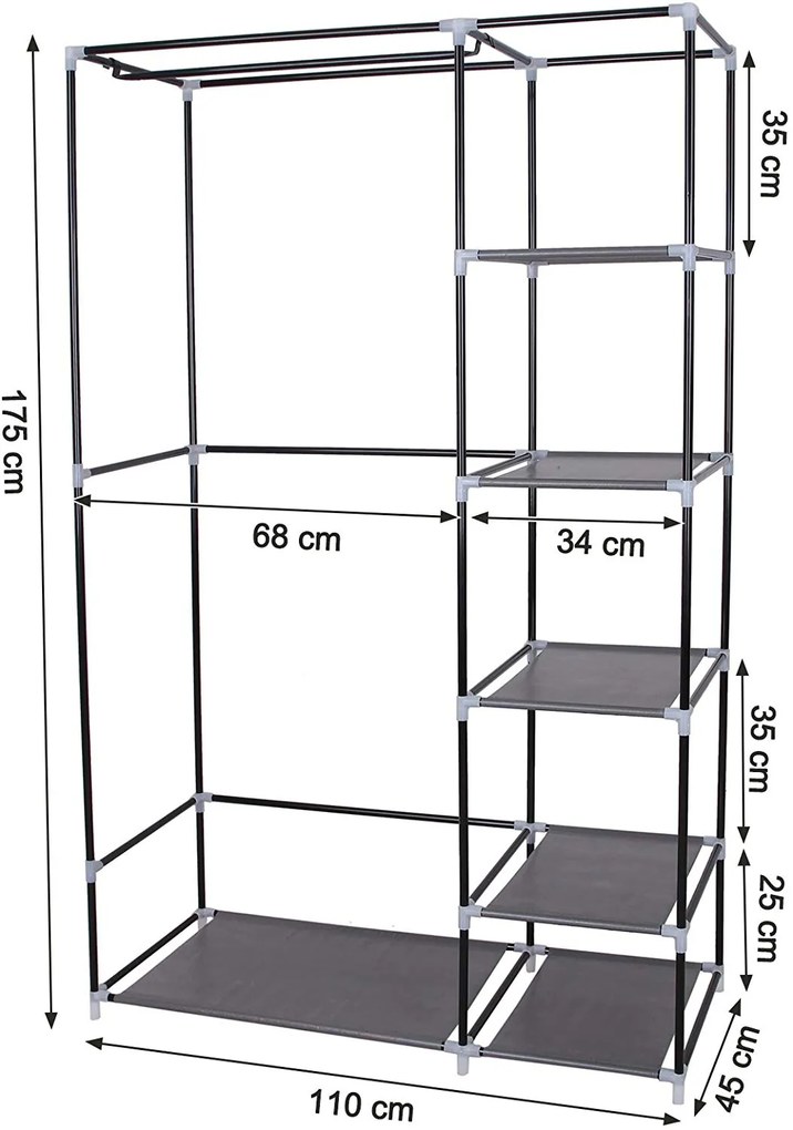 SONGMICS Šatník, látkový, šedý, 110 x 175 cm