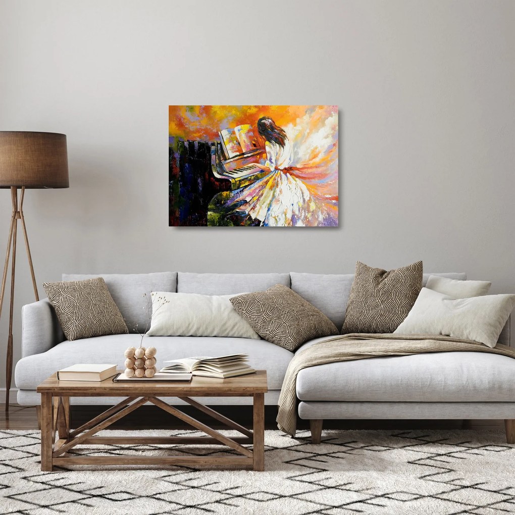 Sklenený obraz - Žena hrajúca na piáno (70x50 cm)