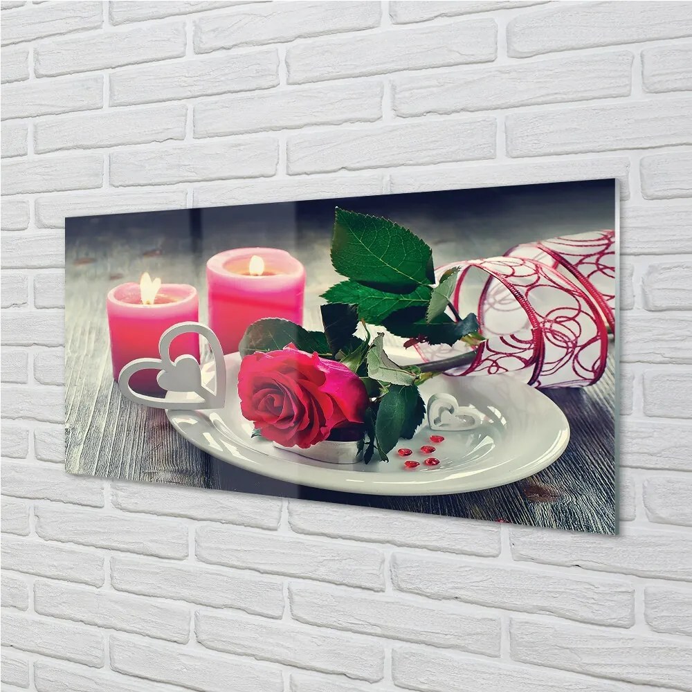 Obraz na skle Rose srdce sviečka 120x60 cm