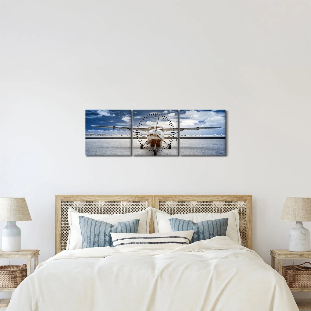 Obraz motorového lietadla (s hodinami) (90x30 cm)