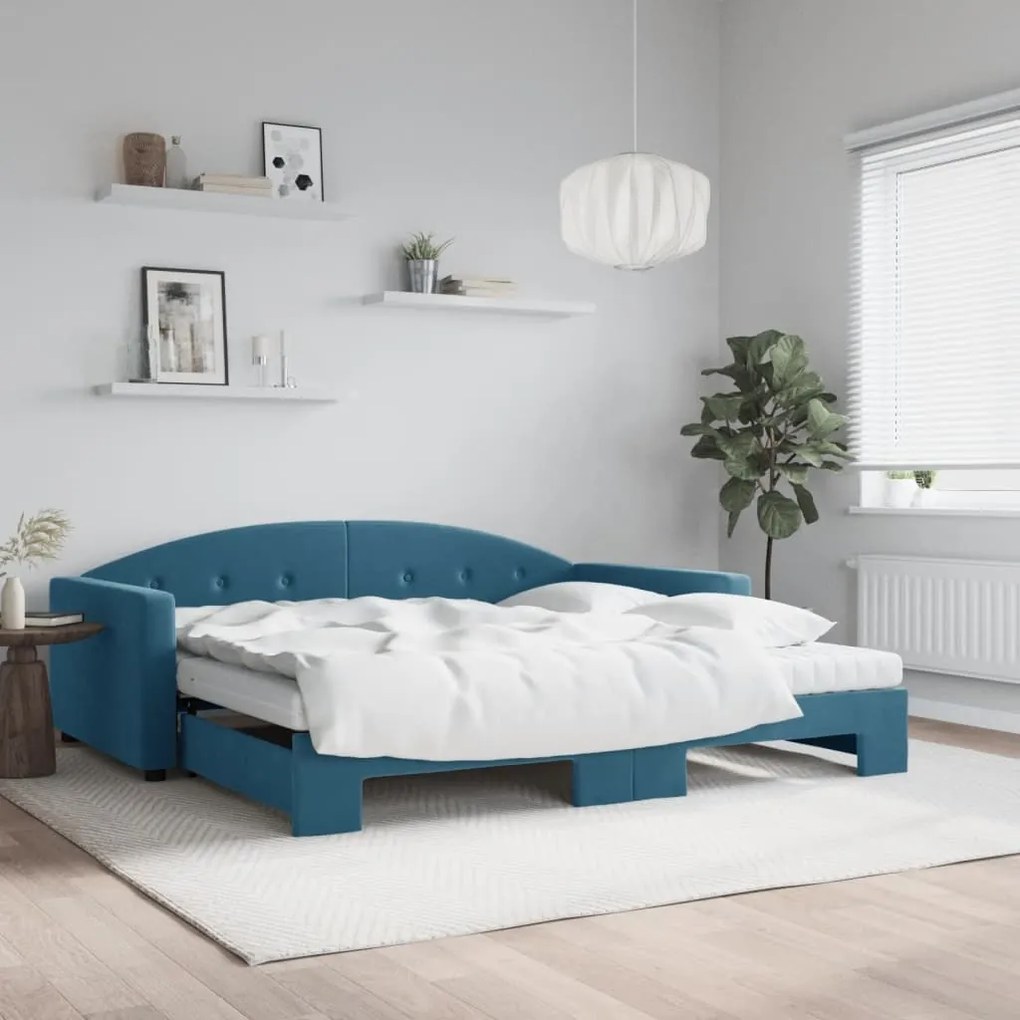 Rozkladacia denná posteľ s matracmi modrá 100x200 cm zamat 3197331