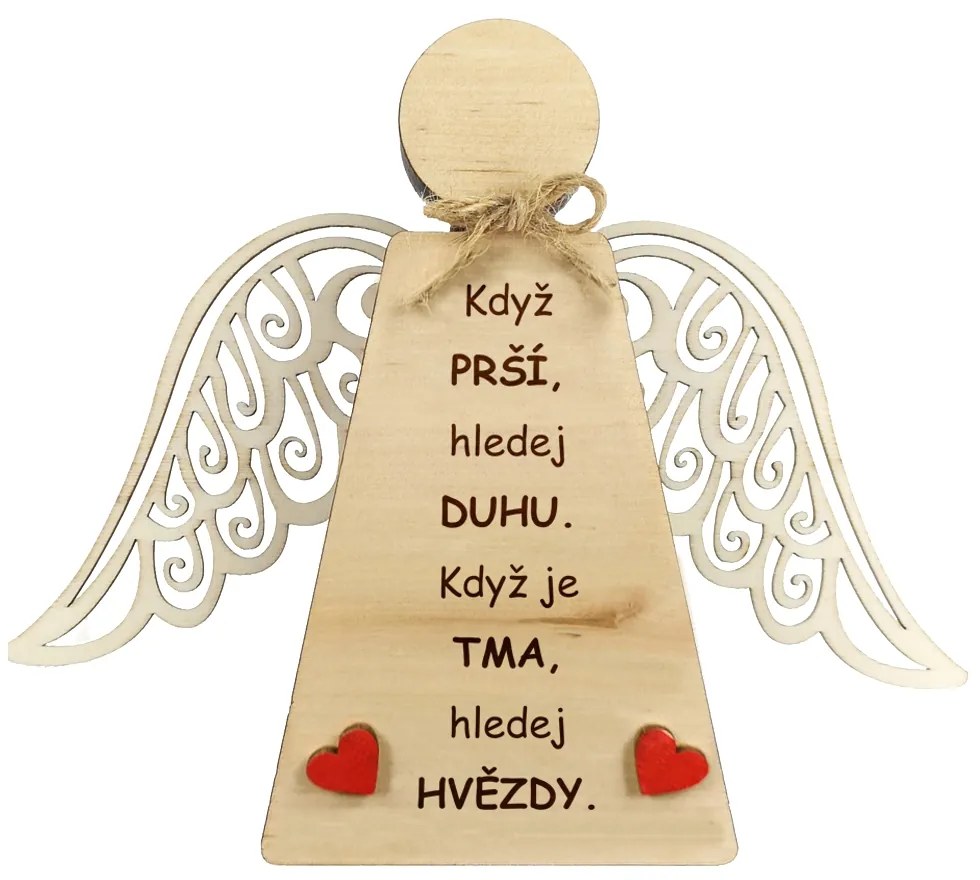 AMADEA Drevený anjel stojaci s krídlami a motivačným textom, masívne drevo, 18 x 15 cm