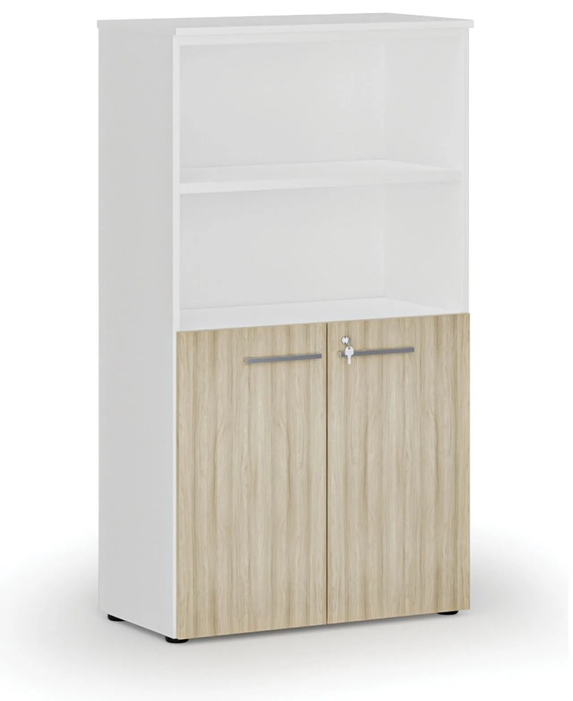 Kombinovaná kancelárska skriňa PRIMO WHITE, dvere na 2 poschodia, 800 x 420 x 1434 mm, biela/dub prírodná