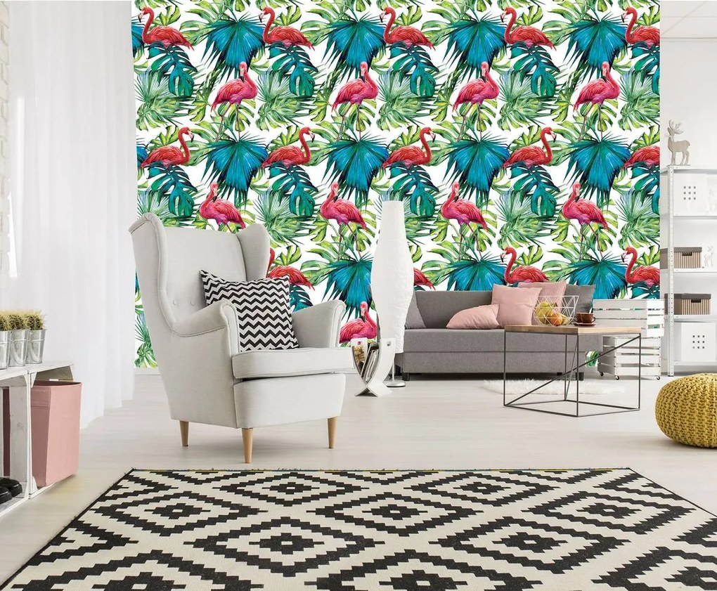 Fototapeta - Plameniaky a listy (254x184 cm)
