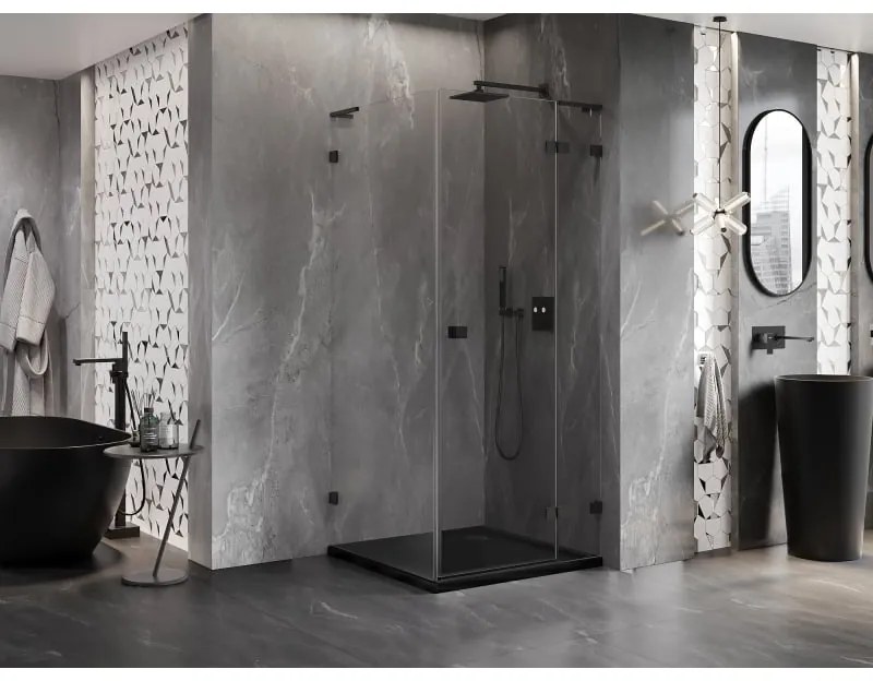 Mexen Lunar, L pravý výklopný sprchový kút 90 x 90 cm, 8mm číre sklo, čierny profil, 834L-090-090-70-00-P