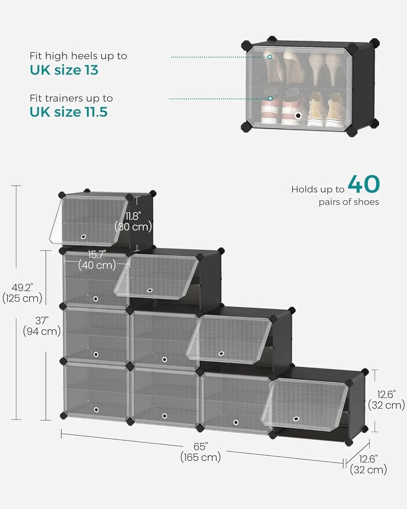 Topánková skriňa, 10 priehradková modulárna úložná jednotka, 32 x 165 x 125 cm, čierna