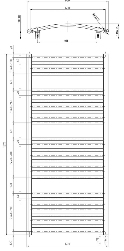 Aqualine Aqualine, ORBIT-E elektrické vykurovacie teleso, oblé, 600x1320 mm, 600W, biela, ILEO36T