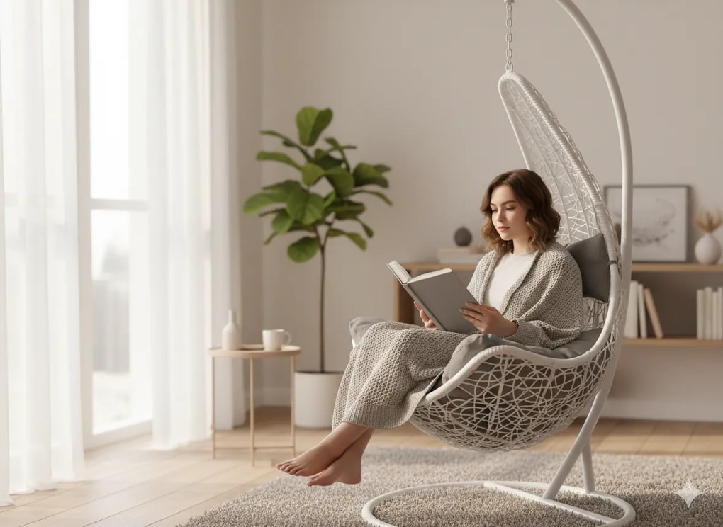 Garden Line BIELA ZÁVESNÁ STOLIČKA, VANKÚŠ – TMAVOSIVÁ, RÁM – BIELY, POLOVICA