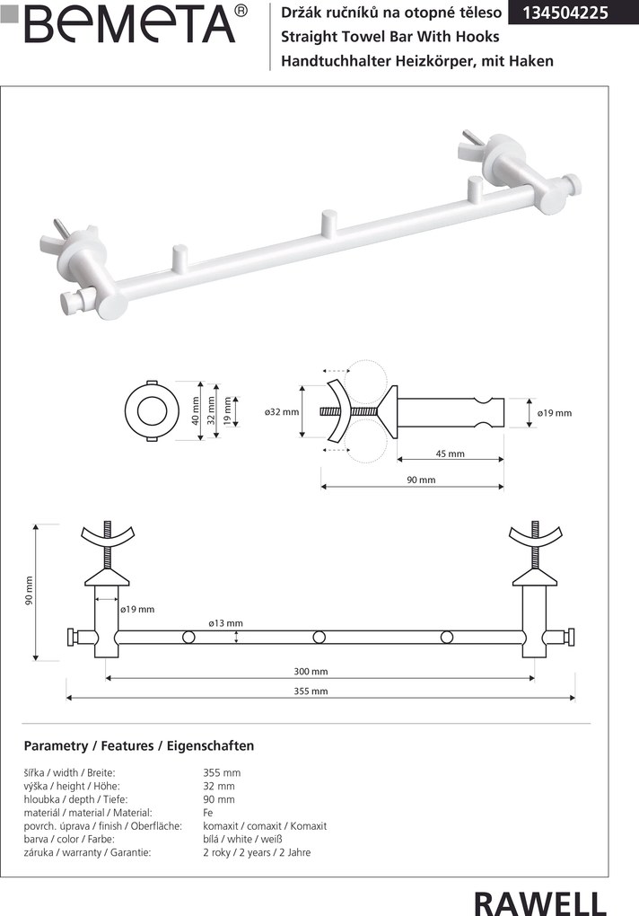 Bemeta Design RAWELL: Držiak uterákov na vykurovacie teleso s háčikmi 300 mm, biela - 134504225