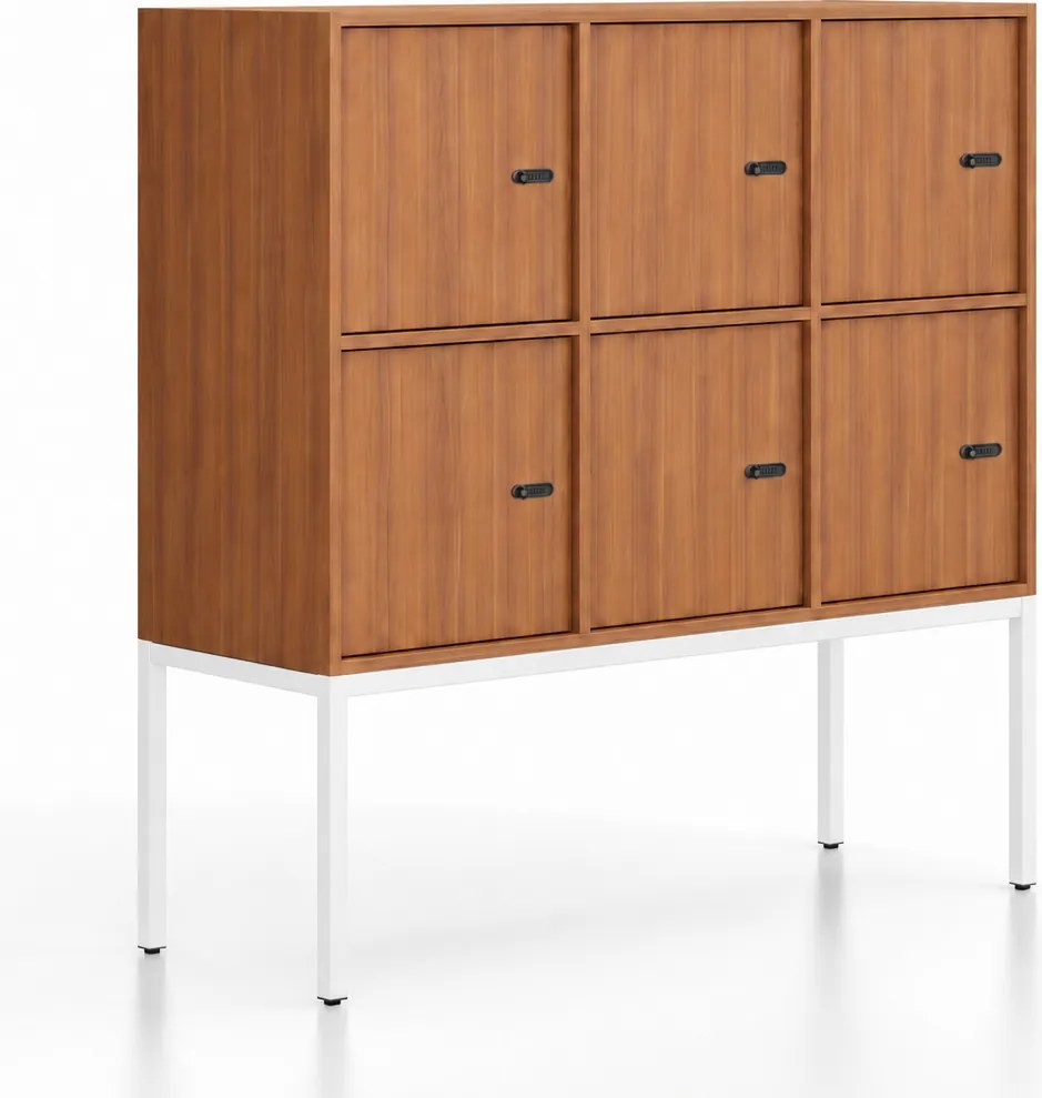 Kancelárska skriňa FRAME, nízka, biela podnož, 6x dvere, 1299 x 450 x 1331 mm, mechanický kódový zámok, orech
