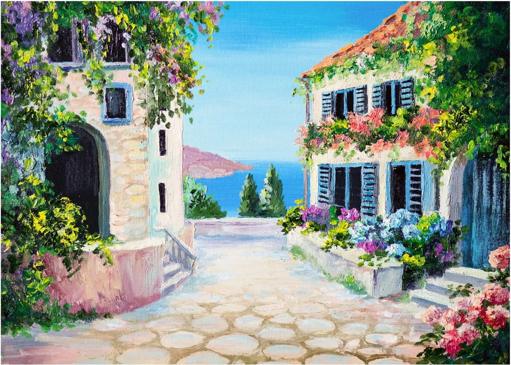 Sklenený obraz - Grécka ulička, olejomaľba (70x50 cm)