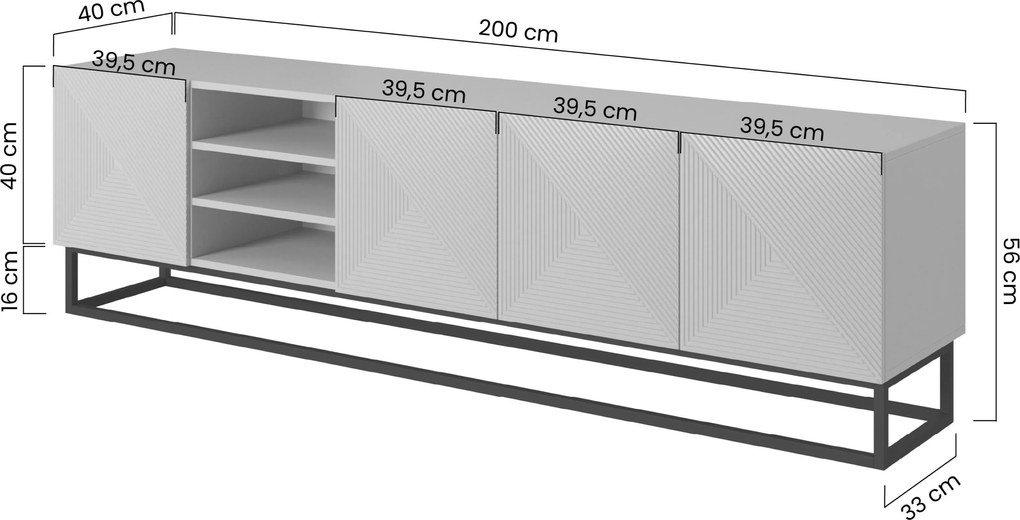 TV skrinka Asha 200 cm s otvorenými policami na podstavci - dub artisan / čierny mat