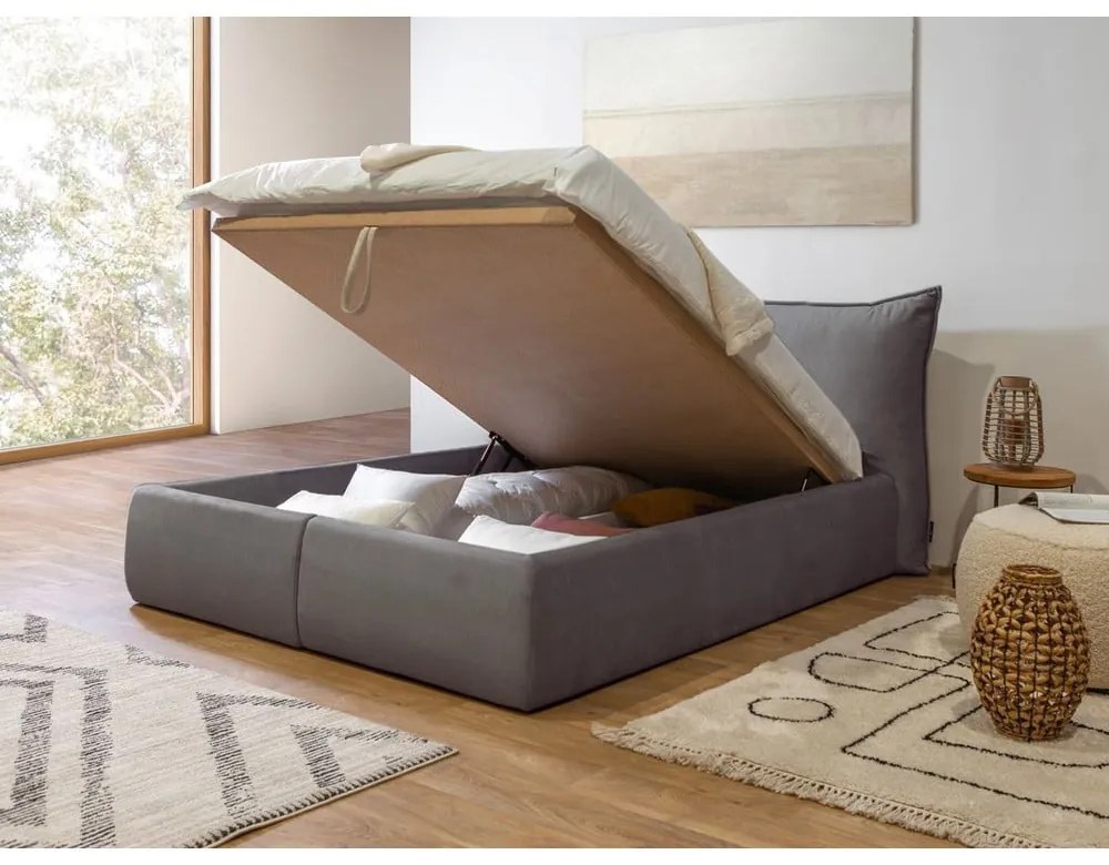 Tmavosivá zamatová čalúnená dvojlôžková posteľ s úložným priestorom s roštom 160x200 cm Jade - Bobochic Paris