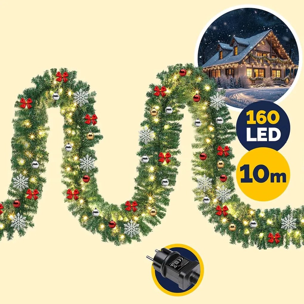 Vianočná girlanda ANDREA s osvetlením, zdobená, 10m, zelená Casaria