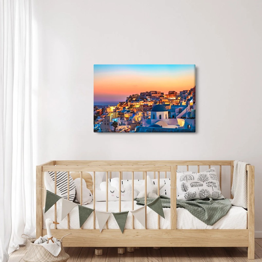 Obraz - Santorini pri zotmení (90x60 cm)