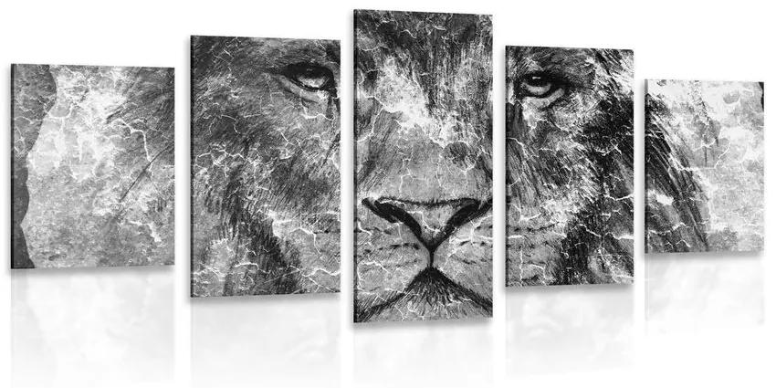 5-dielny obraz tvár leva v čiernobielom prevedení - 100x50