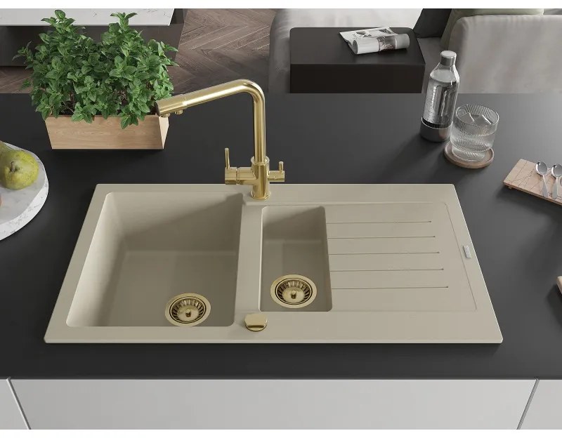 Mexen Matias, granitový drez 900x505x200 mm, 1,5-komorový a zlatá batéria Duero, béžová, 6502-69-671600-50