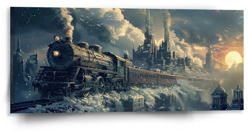 Sablio Obraz Parná lokomotíva v zasneženom meste - 110x50 cm