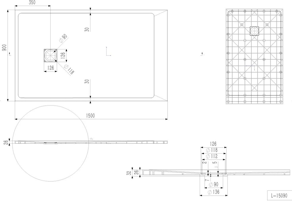 Erga Hyper, SMC sprchová vanička 150x90x2,6 cm + sifón, čierna matná, ERG-V06-SMC-9015S-BK
