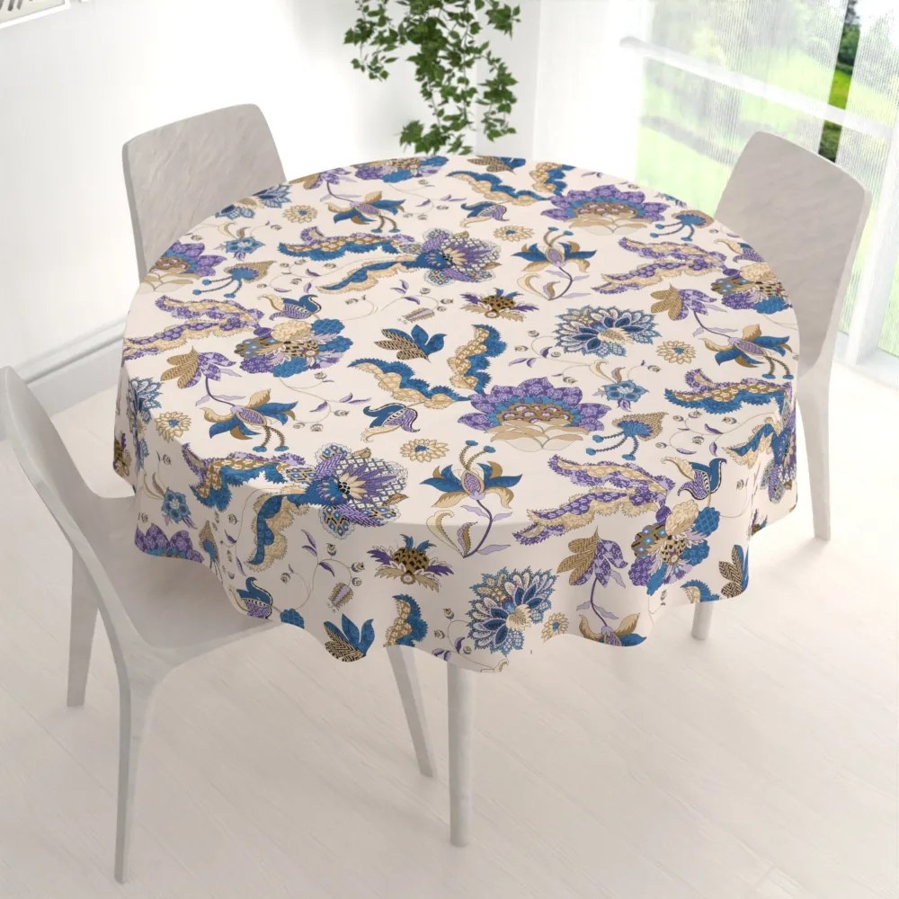 Biante Bavlnený okrúhly obrus Sandra SA-539 Modro-fialové orientálne kvety na svetlo béžovom Ø 70 cm