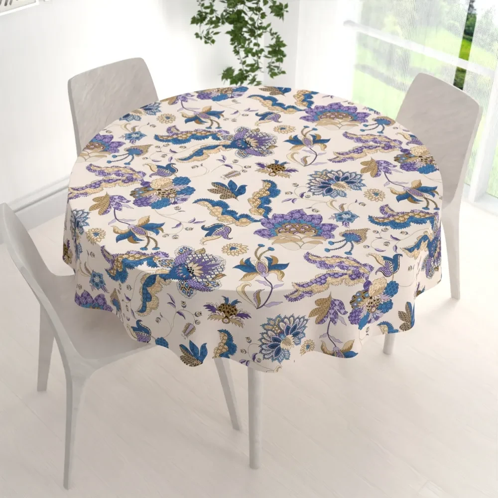 Biante Bavlnený okrúhly obrus Sandra SA-539 Modro-fialové orientálne kvety na svetlo béžovom Ø 90 cm