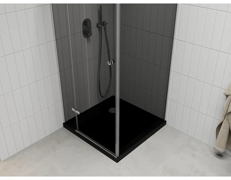 Mexen Roma, sprchový kút s krídlovými dverami 90 (dvere) x 90 (stena) cm, 6mm šedé sklo, chrómový profil + slim sprchová vanička čierna + chrómový sifón, 854-090-090-01-40-4070