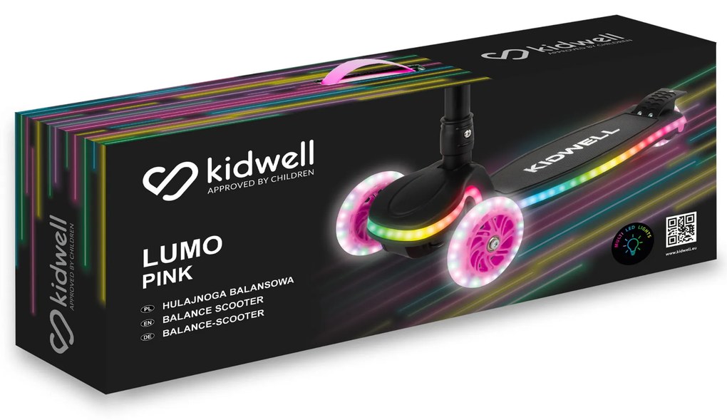 Detská balančná kolobežka Kidwell Lumo s LED kolieskami a svietiacou plošinou