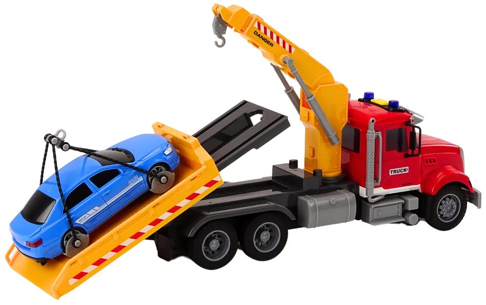 LEAN TOYS Nákladné odťahové vozidlo so žeriavom a autom – červená