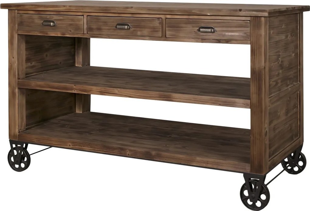 Hnedý antik drevený vozík ostrovček na kolieskach Elloa - 150*70*90 cm