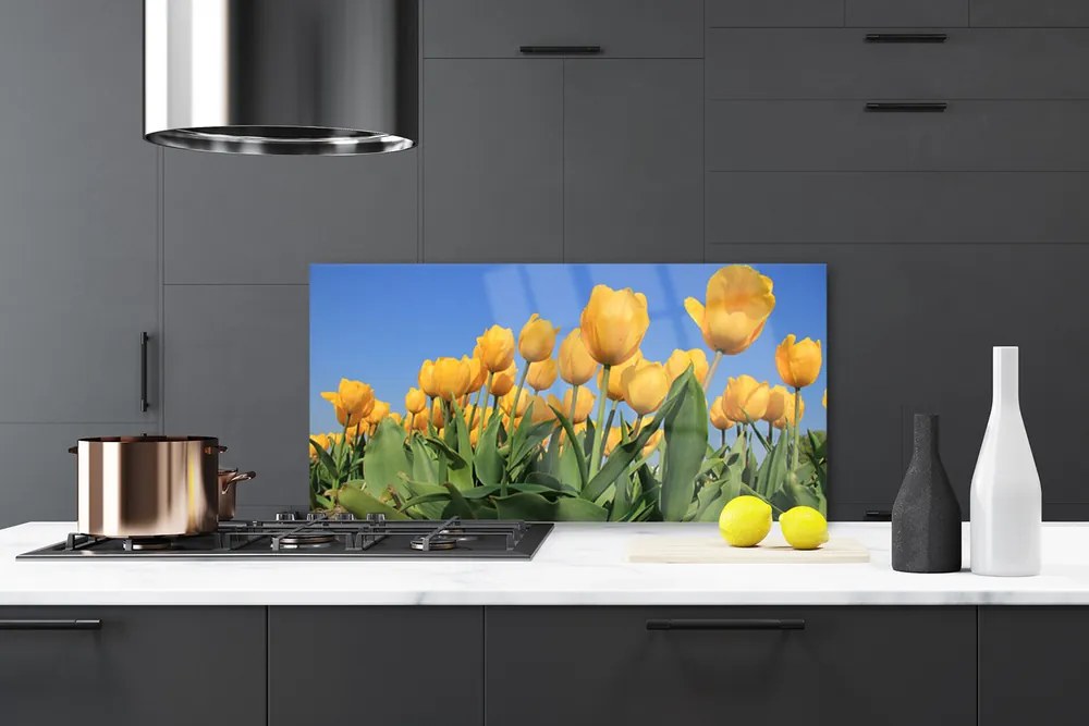 Sklenený obklad Do kuchyne Tulipány kvety rastlina 140x70 cm