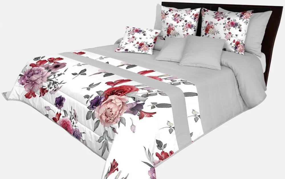 Romantický prehoz na posteľ v sivej farbe s nádhernými ružovo-fialovými kvetinami Šírka: 220 cm | Dĺžka: 240 cm