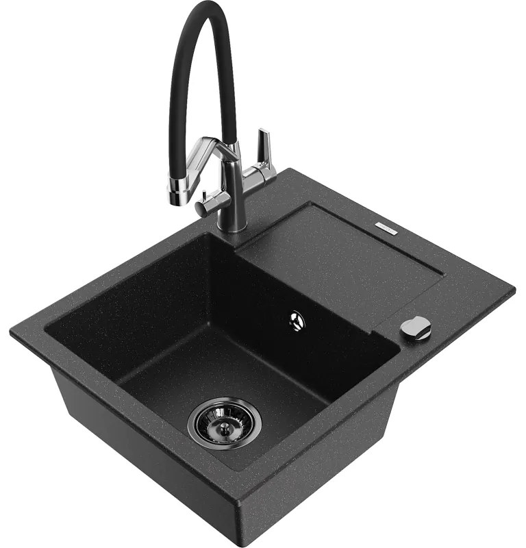 Mexen Enzo, granitový drez 576x465x174 mm, 1-komorový a drezová batéria Duo, čierna-strieborná metalíza, 6506-73-671701-07-B