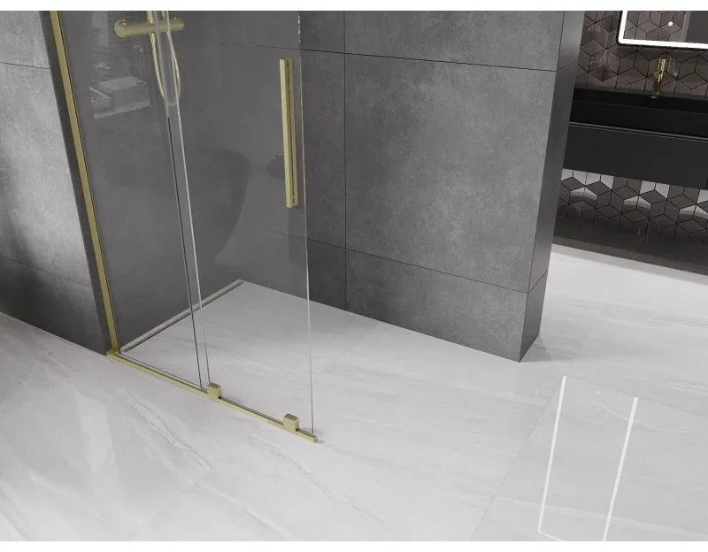 Mexen Velar L, posuvná sprchová zástena Walk-in 90 x 200 cm, 8mm číre sklo, zlatá matná, 871-090-003-03-55