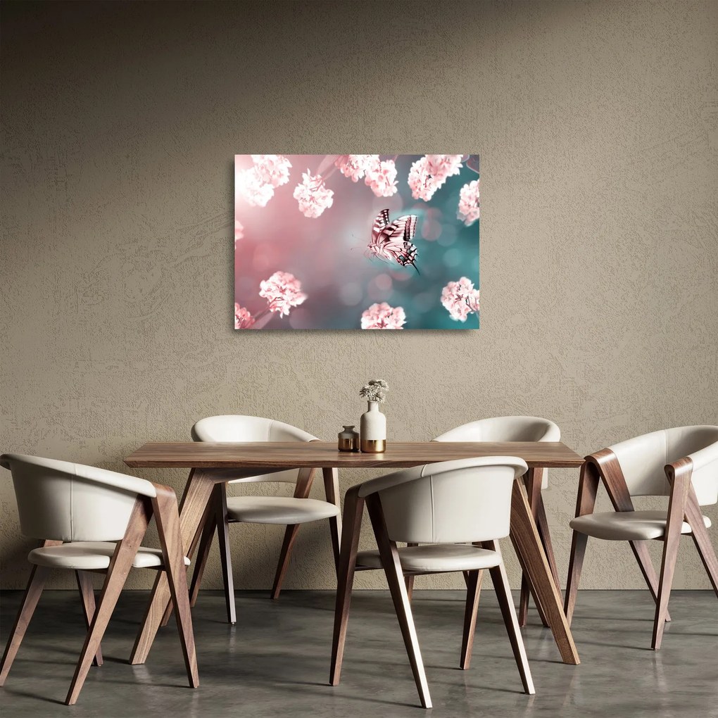 Sklenený obraz - Motýľ medzi kvetmi (70x50 cm)