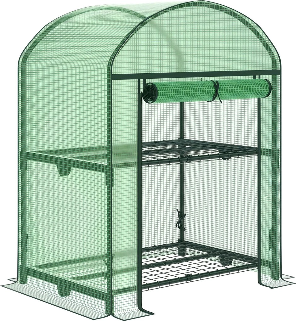 Outsunny Mini Záhradný Skleník s 2 Kovovými Poličkami a PE Krytom, Kompaktný Balkónový a Terasový Skleník 69x49x91cm, Zelený | Aosom