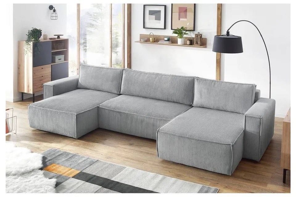 Svetlosivá menčestrová rozkladacia rohová pohovka do "U" Nihad – Bobochic Paris