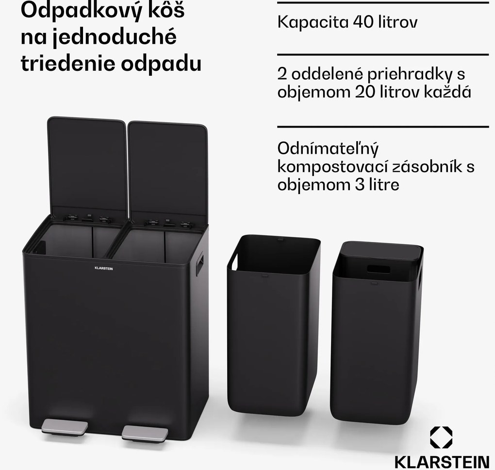 Klarstein EcoVista, odpadkový kôš s kompostérom, 40 l + 3 l/kôš + kompostér, Soft-Close