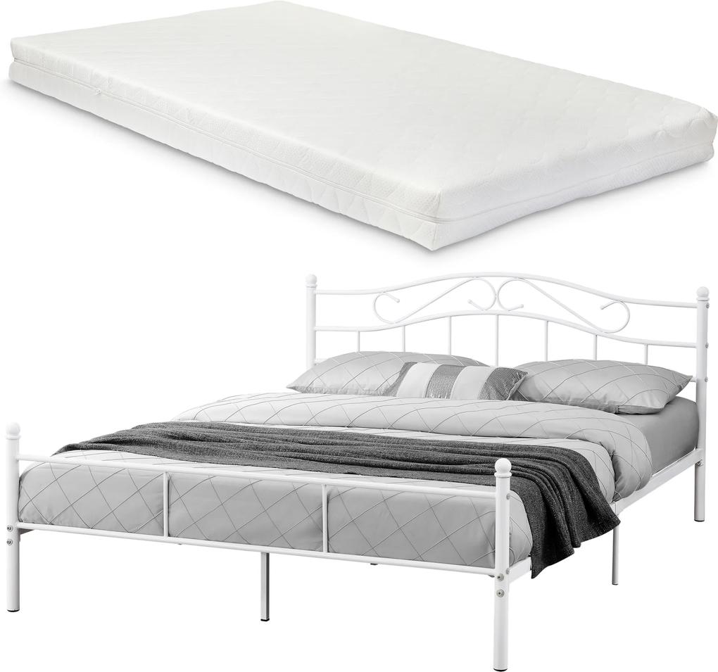 [en.casa] Kovová posteľ s roštom a matracom "Florenz" HTMB-160WM - biela - 160 x 200 cm