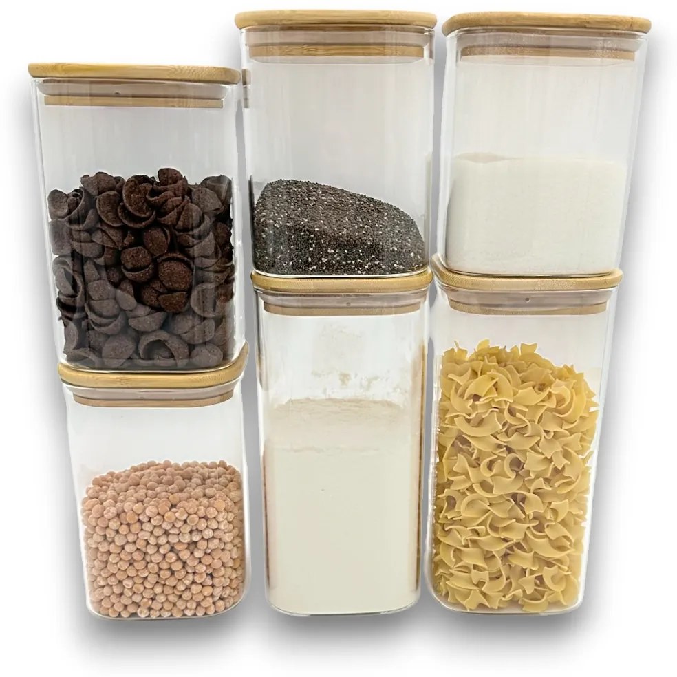 Orion Sada 6 sklenených hranatých dóz s bambusovým vekom - BORO6