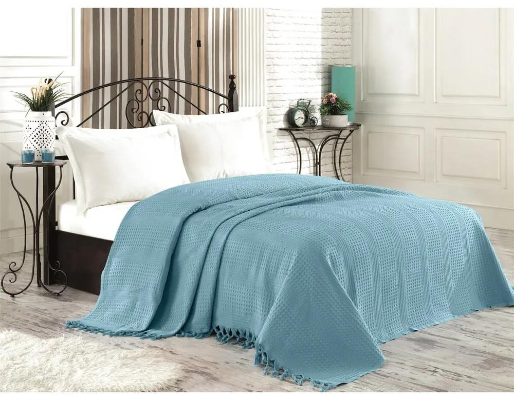 Modrý bavlnený pléd cez posteľ na dvojlôžko Şaheser, 220 × 240 cm