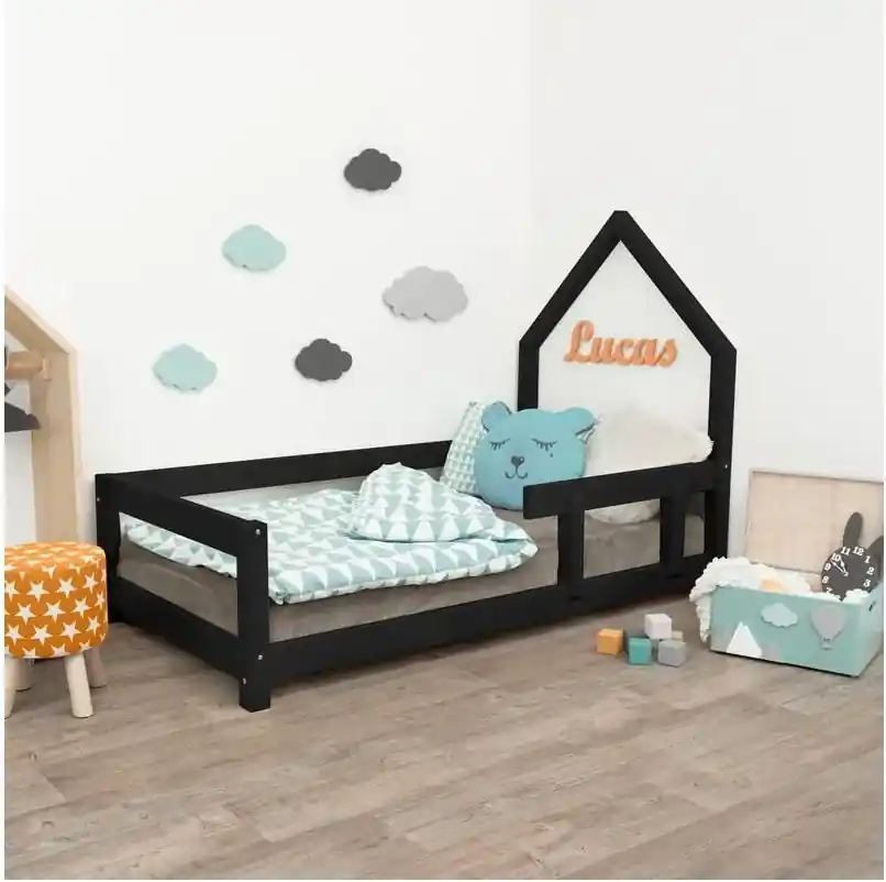 Čierna detská posteľ domček s pravou bočnicou Benlemi Poppi, 70 x 160 cm |  BIANO