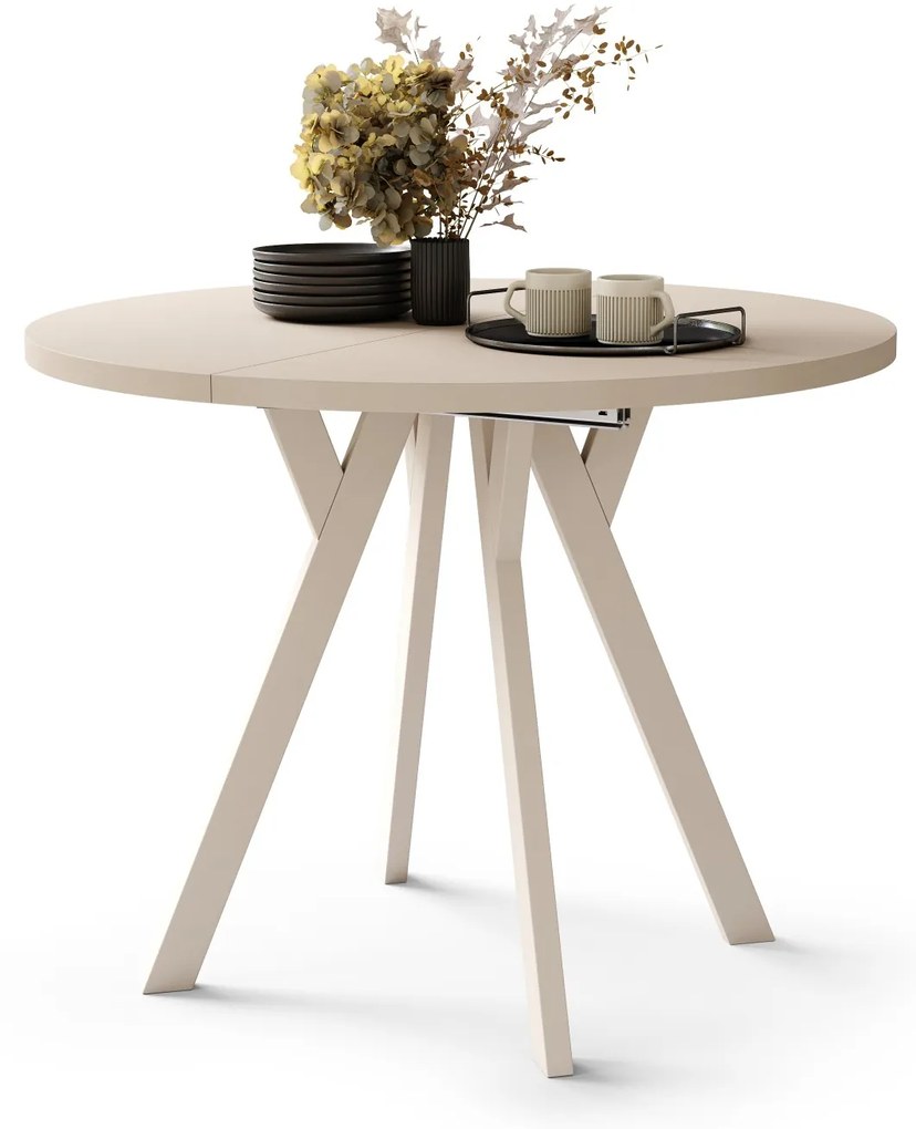 ALMO 100 Béžový/béžové nohy - OKRÚHLY LOFTOVÝ/INDUSTRIÁLNY ROZKLADACÍ STÔL DO OBÝVAČKY/JEDÁLNE